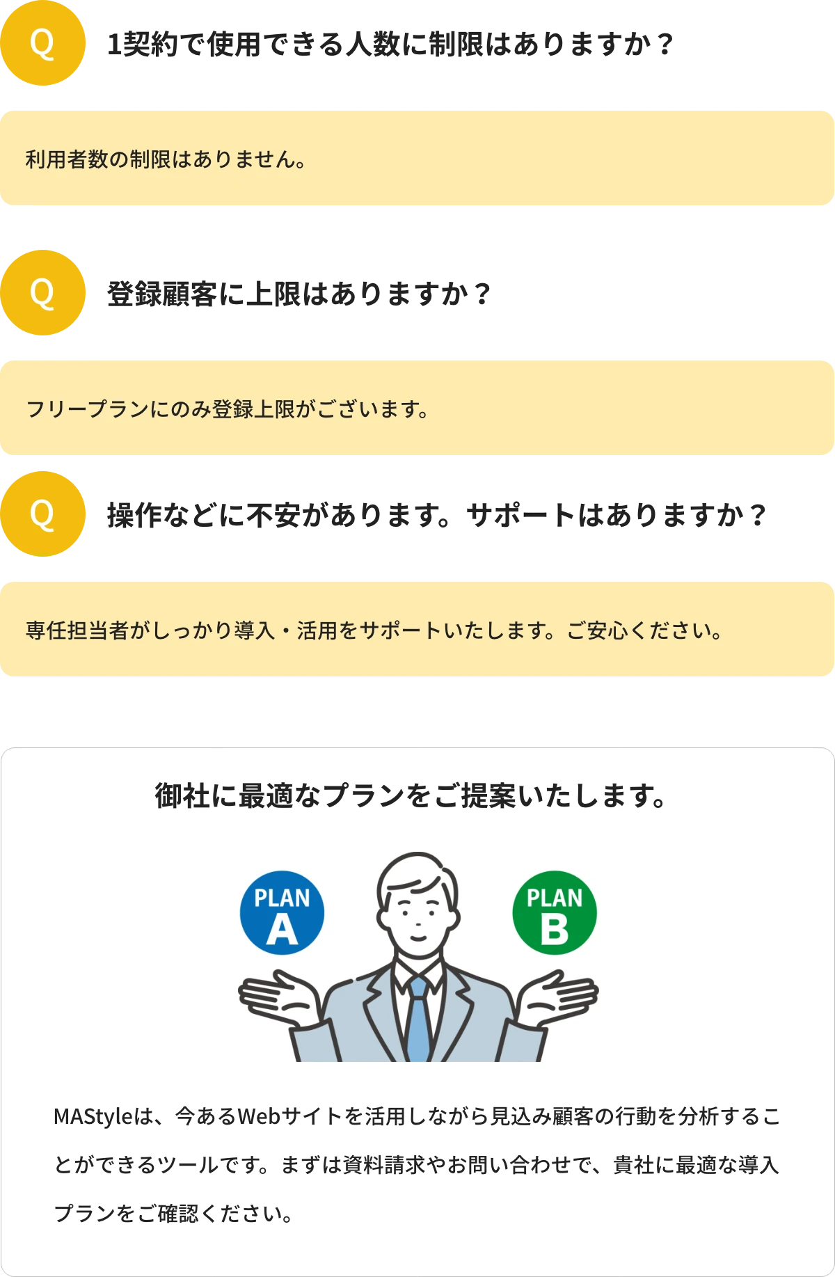 Q1.1契約で使用できる人数に制限はありますか?A1.利用者数の制限はありません。 Q2.登録顧客に上限はありますか?A2.フリープランにのみ登録上限がございます。 Q3.操作などに不安があります。サポートはありますか?A3.専任担当者がしっかり導入・活用をサポートいたします。ご安心ください。 御社に最適なプランをご提案いたします。MAStyleは、今あるWebサイトを活用しながら見込み顧客の行動を分析することができるツールです。まずは資料請求やお問い合わせで、貴社に最適な導入プランをご確認ください。