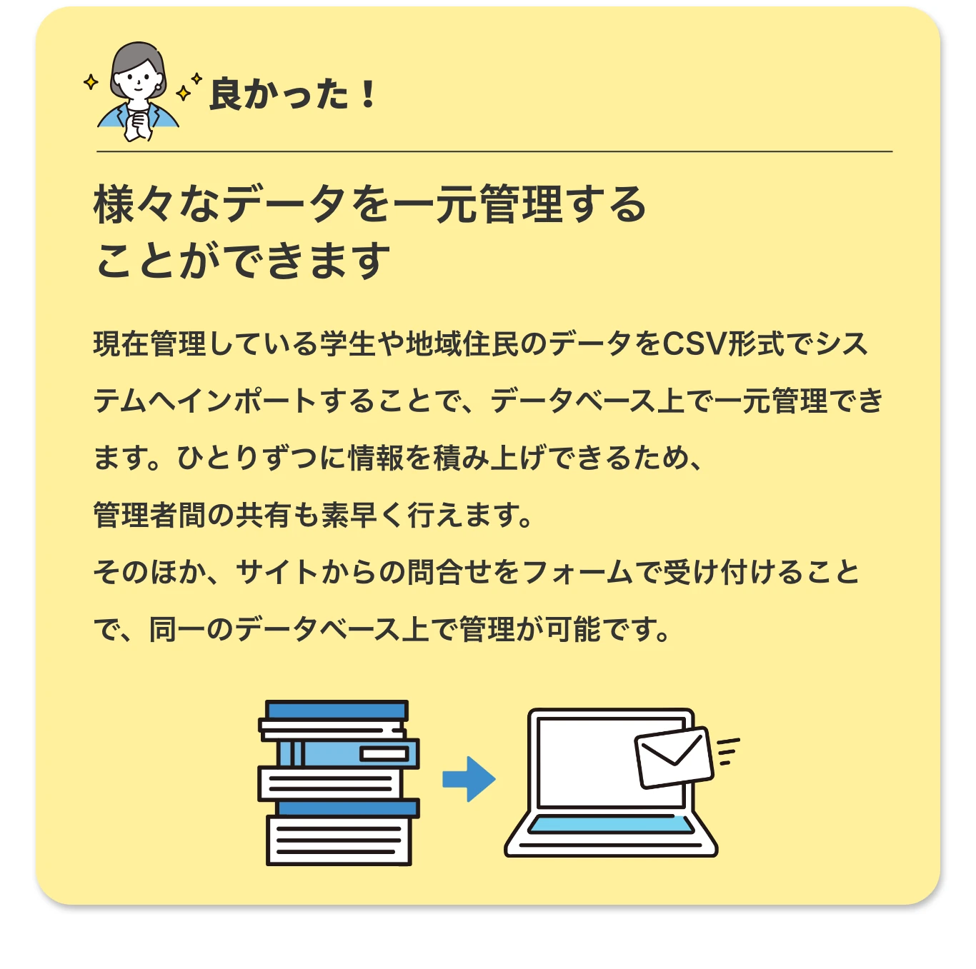様々なデータを一元管理することができます 現在管理している学生や地域住民のデータをCSV形式でシステムヘインポートすることで、データベース上で一元管理できます。ひとりずつに情報を積み上げできるため、管理者間の共有も素早く行えます。 そのほか、サイトからの問合せをフォームで受け付けることで、同一のデータベース上で管理が可能です。