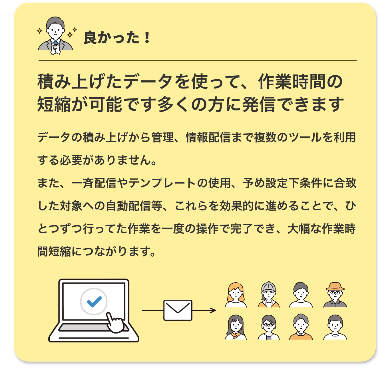 積み上げたデータを使って、作業時間の短縮が可能です多くの方に発信できます データの積み上げから管理、情報配まで複数のツールを利用する必要がありません。 また、一斉配信やテンプレートの使用、予め設定下条件に合致した対象への自動配信等、これらを効果的に進めることで、ひとつずつ行ってた作業を一度の操作で完了でき、大幅な作業時間短縮につながります。